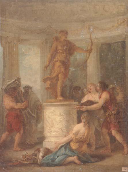 Interior of a classical temple,with hunters making an offering to a statue of diana, unknow artist